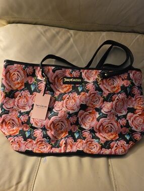 Juicy Couture Black Tote with Pink Rose Print